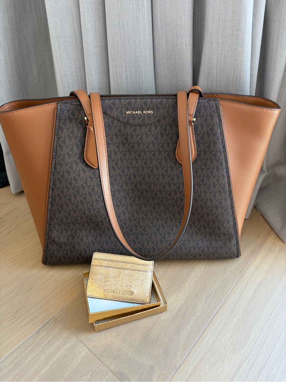 Michael Kors Brown & Tan MK Logo Tote with Gold Card Holder